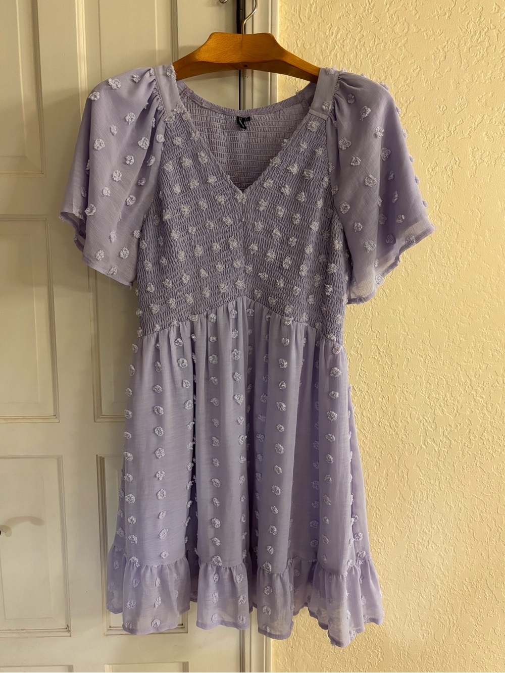 Smocked Dress Short Flutter Sleeve V Neck Swiss Dot Babydoll Ruffle XL
